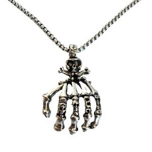 Skeleton Hand Pendant Necklace 26 Inch Stainless Steel Chain Silver Gothic Hand